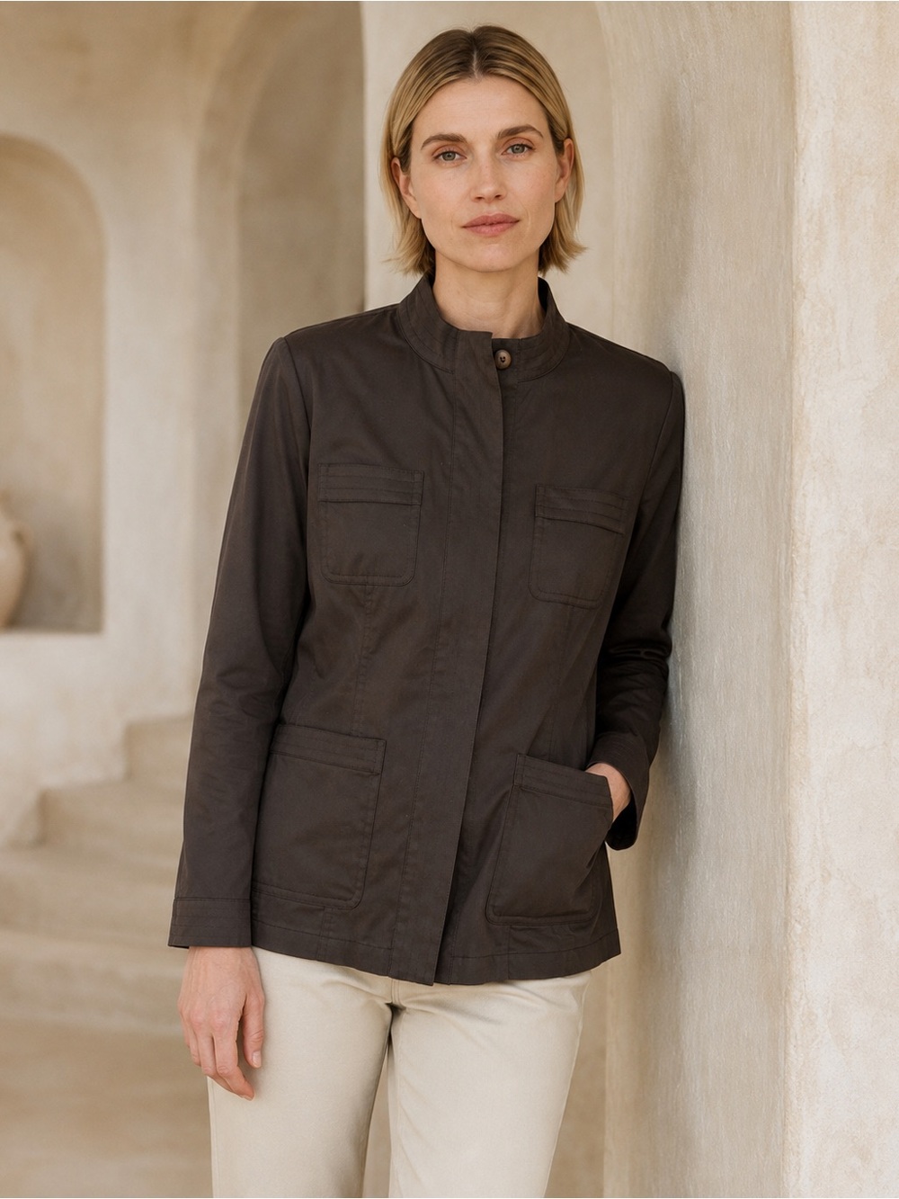 J.Jill Brown Stretch Utility Jacket S Mandarin Collar 4 Pocket